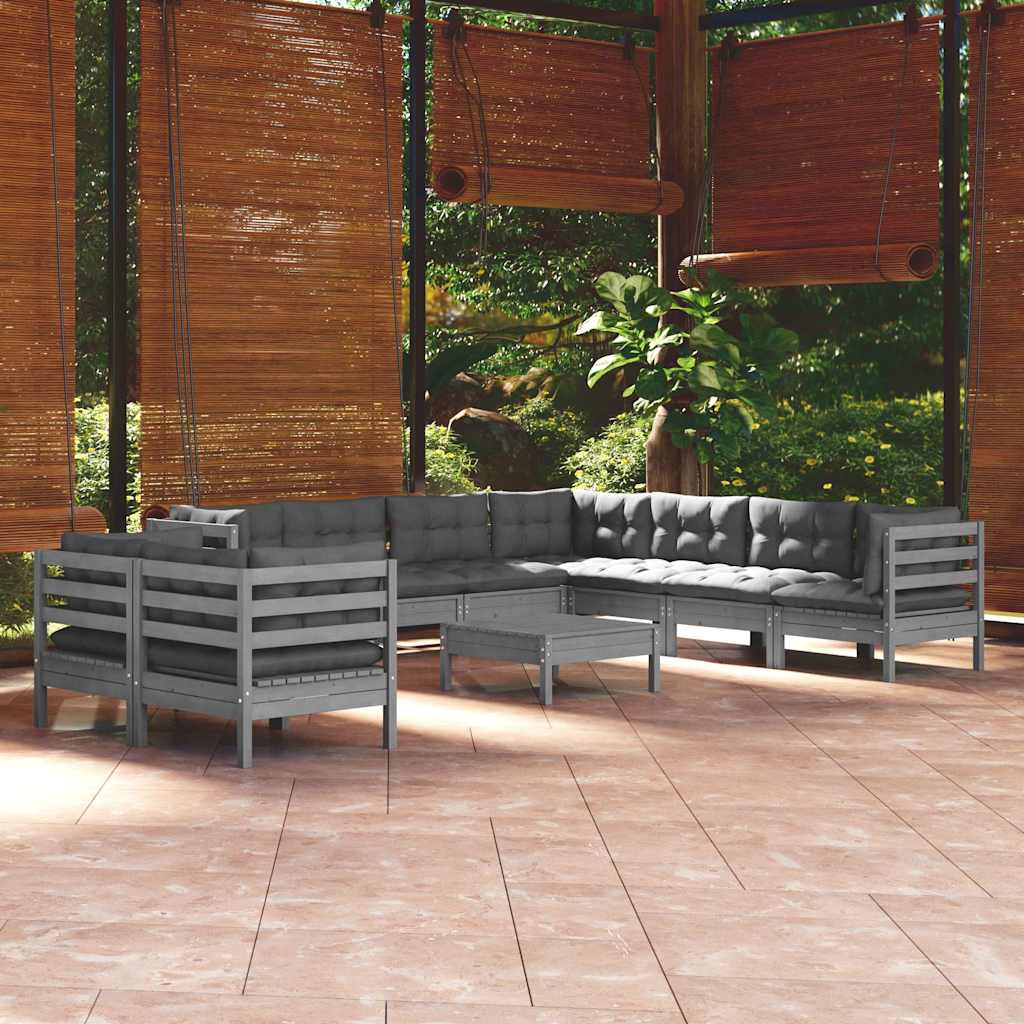 10 Piece Garden Lounge Set with Cushions Grey Solid Pinewood