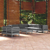 10 Piece Garden Lounge Set with Cushions Grey Solid Pinewood