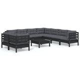 10 Piece Garden Lounge Set with Cushions Black Solid Pinewood - Front View
