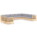 10 Piece Garden Lounge Set with Grey Cushions Solid Pinewood - Front View