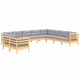 10 Piece Garden Lounge Set with Grey Cushions Solid Pinewood - Side View