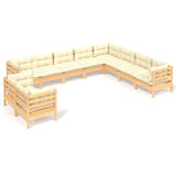 10 Piece Garden Lounge Set with Cream Cushions Solid Pinewood