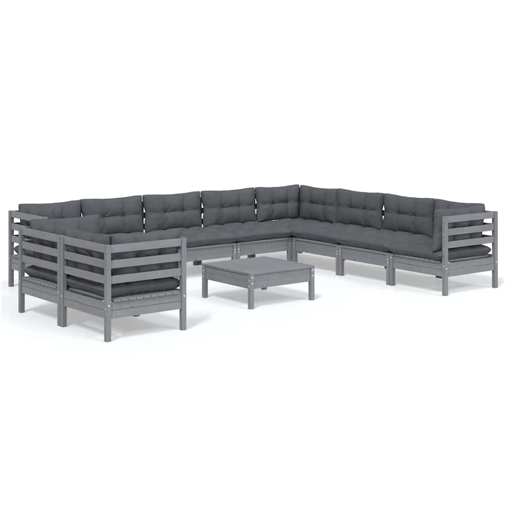 11 Piece Garden Lounge Set with Cushions Grey Solid Pinewood