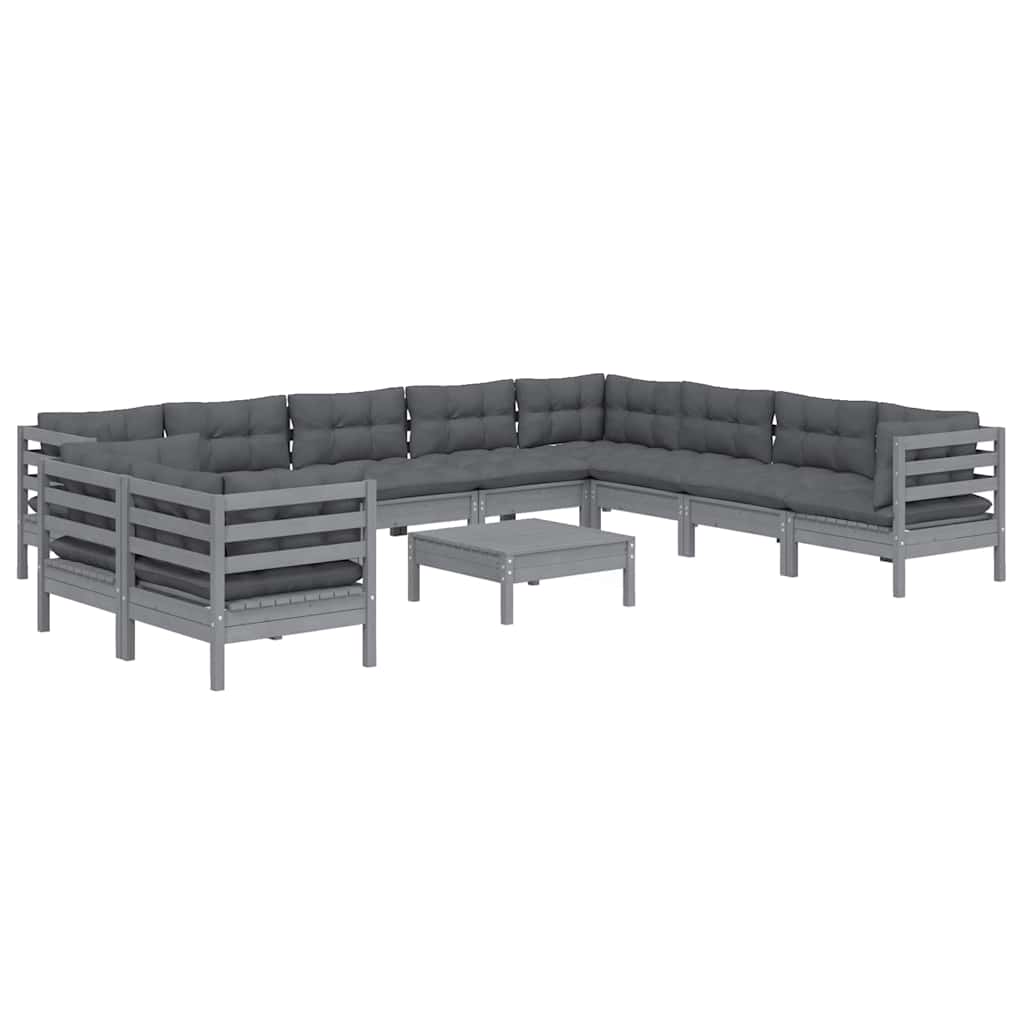 11 Piece Garden Lounge Set with Cushions Grey Solid Pinewood