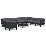 11 Piece Garden Lounge Set with Cushions Black Solid Pinewood - Front View