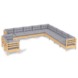 11 Piece Garden Lounge Set with Grey Cushions Solid Pinewood - Front View