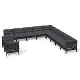 11 Piece Garden Lounge Set with Cushions Black Solid Pinewood - Front View
