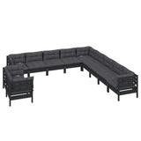 11 Piece Garden Lounge Set with Cushions Black Solid Pinewood
