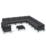 12 Piece Garden Lounge Set with Cushions Black Solid Pinewood - Front View