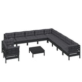 12 Piece Garden Lounge Set with Cushions Black Solid Pinewood - Side View