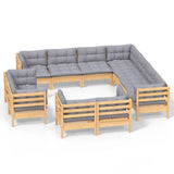 11 Piece Garden Lounge Set with Grey Cushions Solid Pinewood - Front View