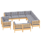 11 Piece Garden Lounge Set with Grey Cushions Solid Pinewood - Side View