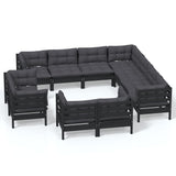 11 Piece Garden Lounge Set with Cushions Black Solid Pinewood - Front View