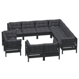 11 Piece Garden Lounge Set with Cushions Black Solid Pinewood - Side View