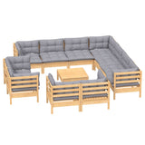 12 Piece Garden Lounge Set with Grey Cushions Solid Pinewood - Side View