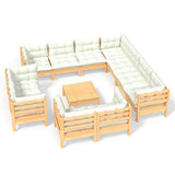 12 Piece Garden Lounge Set with Cream Cushions Solid Pinewood - Front View