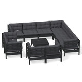 12 Piece Garden Lounge Set with Cushions Black Solid Pinewood - Front View