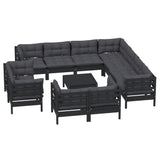 12 Piece Garden Lounge Set with Cushions Black Solid Pinewood - Side View
