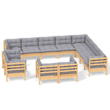 12 Piece Garden Lounge Set with Grey Cushions Solid Pinewood - Front View