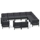 12 Piece Garden Lounge Set with Cushions Black Solid Pinewood - Front View