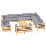 13 Piece Garden Lounge Set with Grey Cushions Solid Pinewood - Side View
