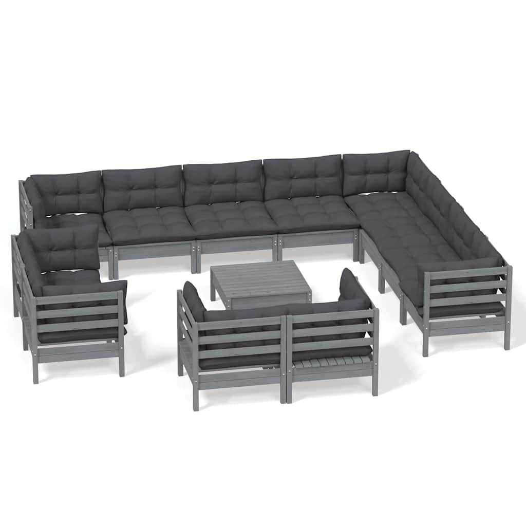 13 Piece Garden Lounge Set with Cushions Grey Solid Pinewood