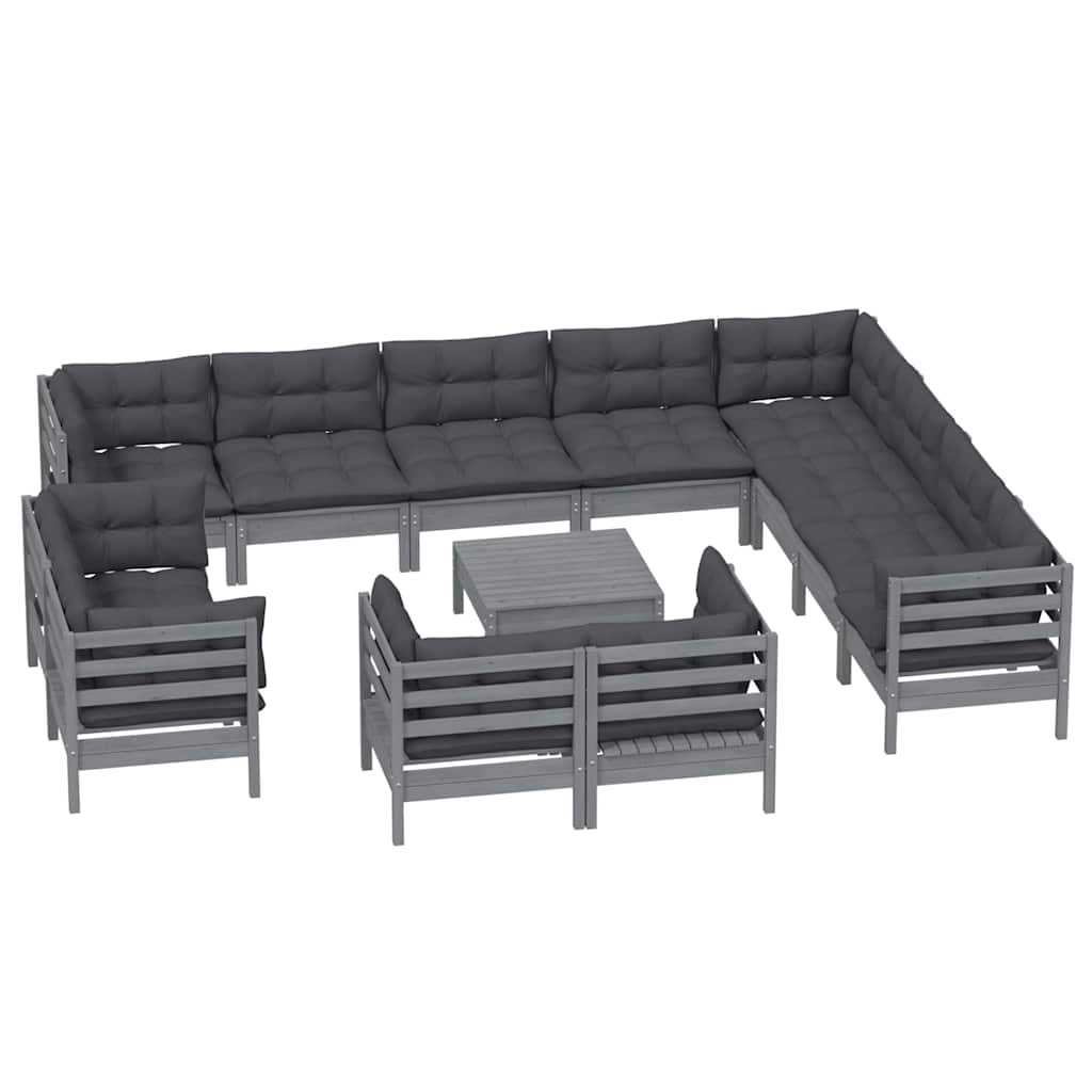 13 Piece Garden Lounge Set with Cushions Grey Solid Pinewood