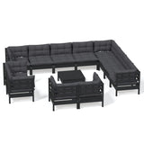 13 Piece Garden Lounge Set with Cushions Black Solid Pinewood - Front View