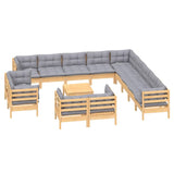 14 Piece Garden Lounge Set with Grey Cushions Solid Pinewood - Side View