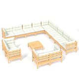 14 Piece Garden Lounge Set with Cream Cushions Solid Pinewood - Front View