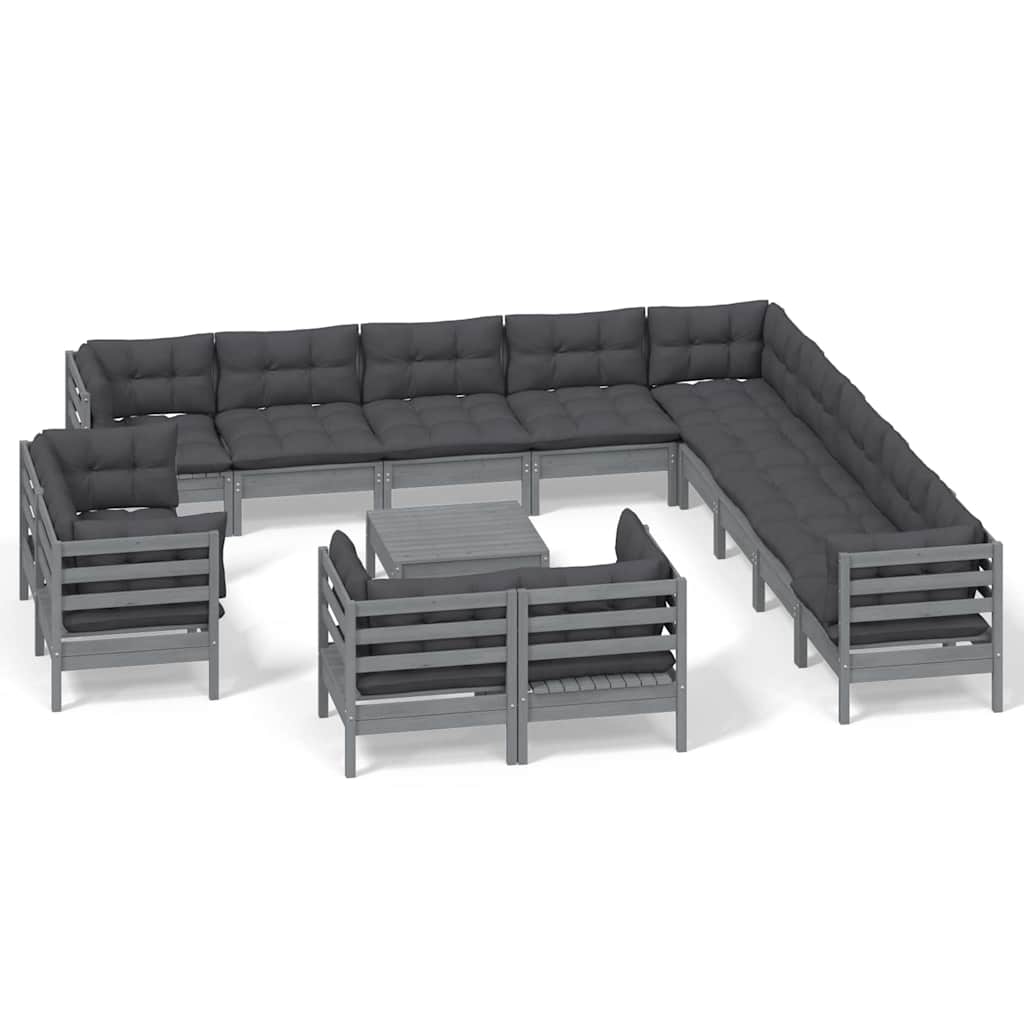 14 Piece Garden Lounge Set with Cushions Grey Solid Pinewood