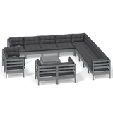 14 Piece Garden Lounge Set with Cushions Grey Solid Pinewood - Front View