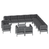 14 Piece Garden Lounge Set with Cushions Grey Solid Pinewood - Side View