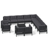 14 Piece Garden Lounge Set with Cushions Black Solid Pinewood - Front View