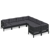 8 Piece Garden Lounge Set with Cushions Black Solid Pinewood - Front View