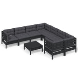 9 Piece Garden Lounge Set with Cushions Black Pinewood - Front View