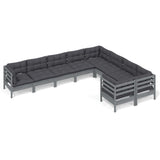 9 Piece Garden Lounge Set with Cushions Grey Pinewood - Front View