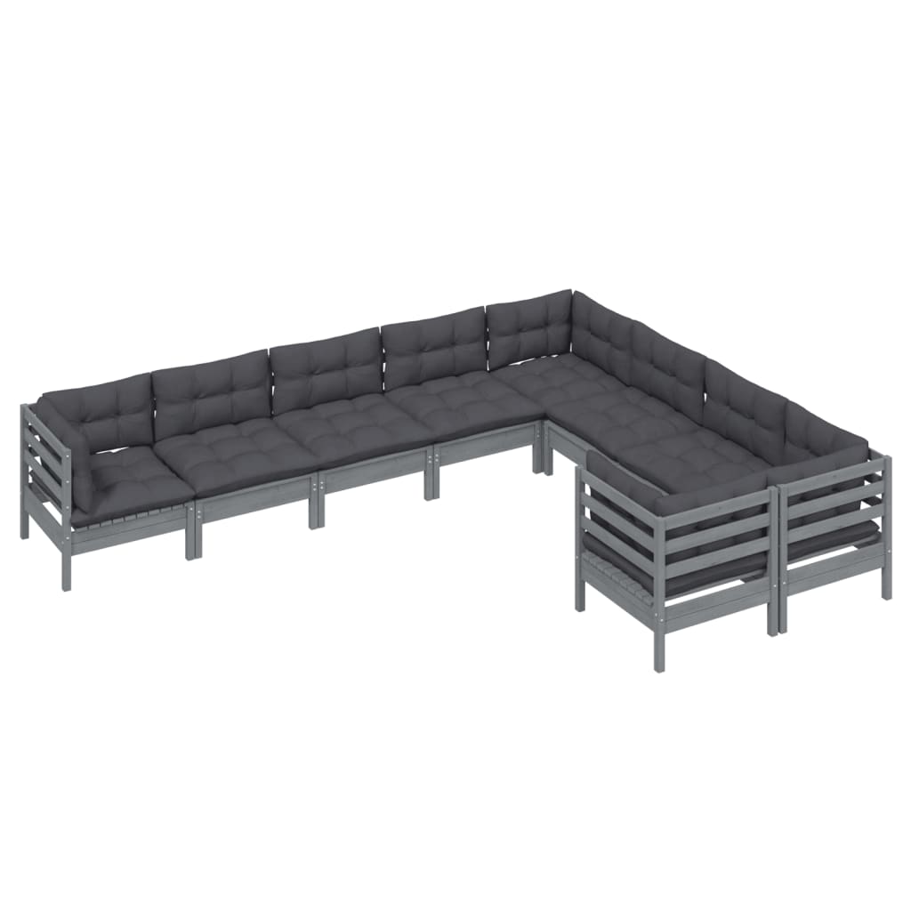 9 Piece Garden Lounge Set with Cushions Grey Pinewood