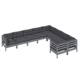 9 Piece Garden Lounge Set with Cushions Grey Pinewood