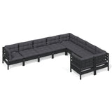 9 Piece Garden Lounge Set with Cushions Black Pinewood - Front View