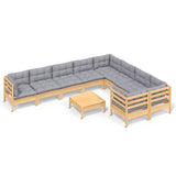 10 Piece Garden Lounge Set with Grey Cushions Pinewood - Front View