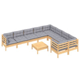 10 Piece Garden Lounge Set with Grey Cushions Pinewood - Side View