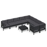 10 Piece Garden Lounge Set with Cushions Black Pinewood - Front View