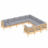 10 Piece Garden Lounge Set with Grey Cushions Pinewood - Side View