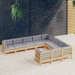 10 Piece Garden Lounge Set with Grey Cushions Pinewood