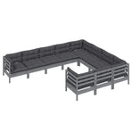 10 Piece Garden Lounge Set with Cushions Grey Pinewood