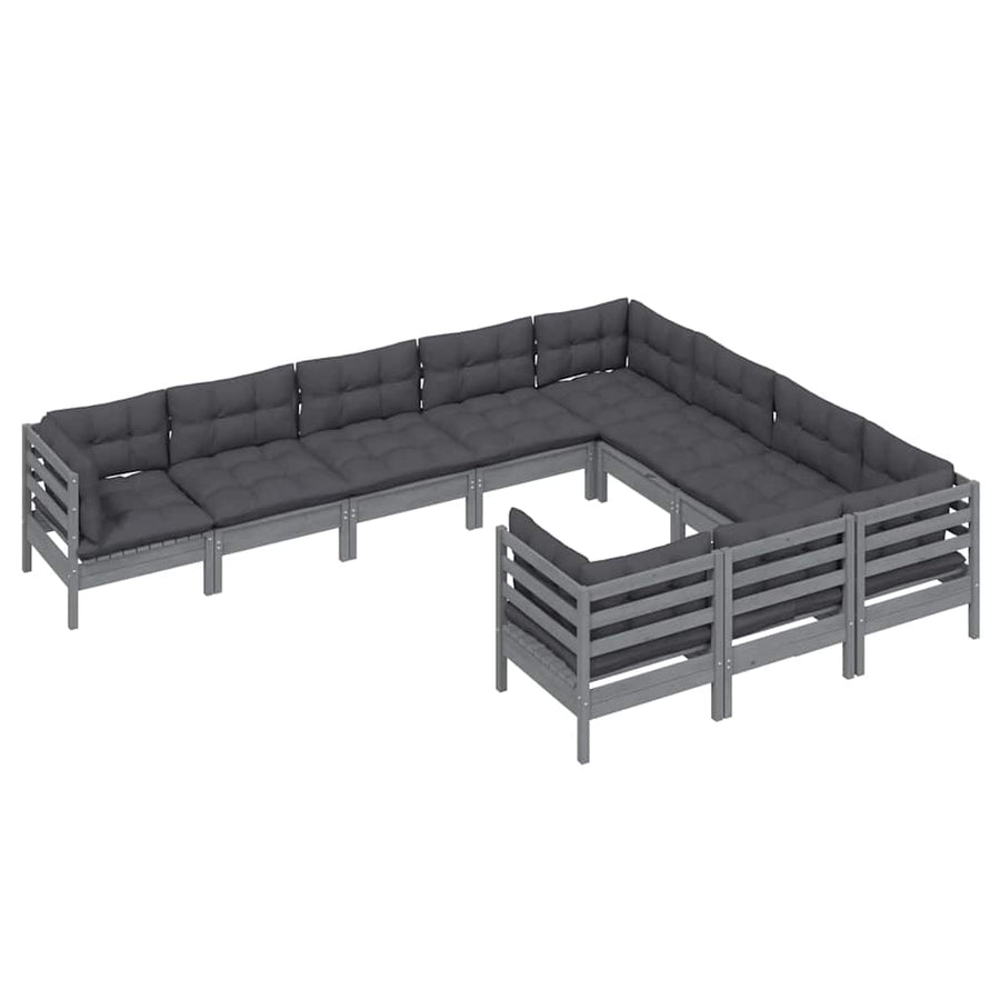 10 Piece Garden Lounge Set with Cushions Grey Pinewood