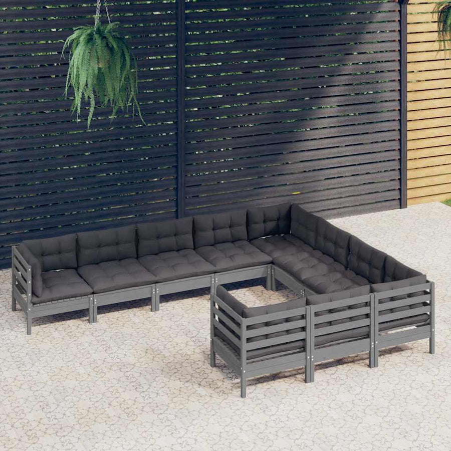 10 Piece Garden Lounge Set with Cushions Grey Pinewood