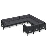 10 Piece Garden Lounge Set with Cushions Black Pinewood - Front View