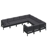 10 Piece Garden Lounge Set with Cushions Black Pinewood - Side View